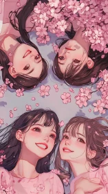 Four smiling girls lie among pink blossoms in soft light