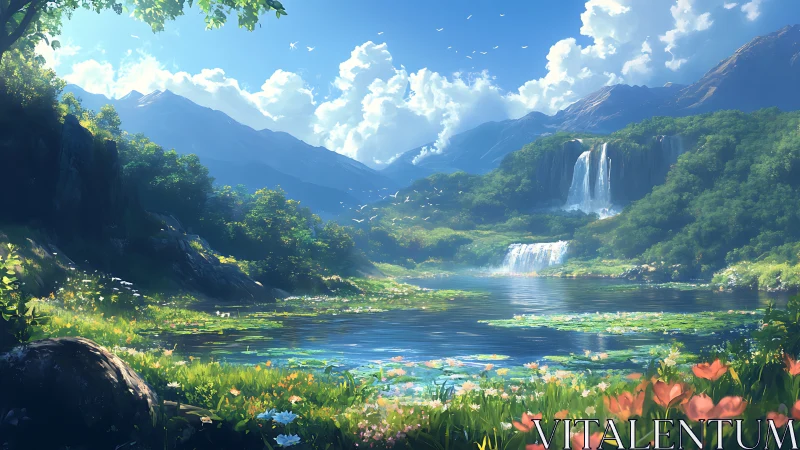 Luminous alpine cascade over reflective lily basin at noon.