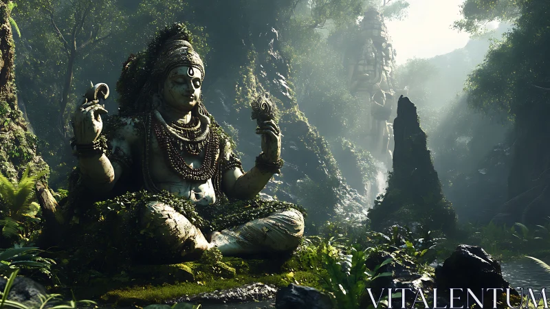 Monumental jungle deity rendered as overgrown stone idol.