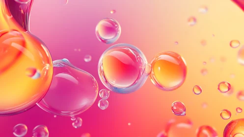 Colorful liquid bubbles on bright pink orange gradient.