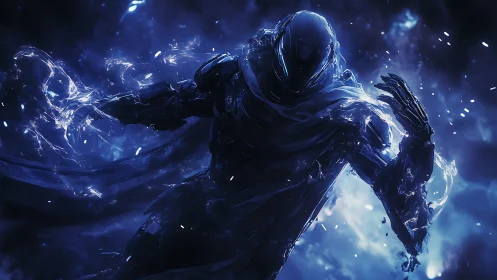 Mysterious cosmic warrior wrapped in swirling blue energy.