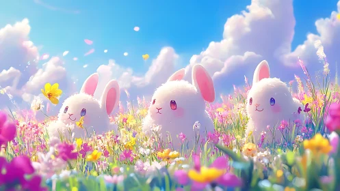Fluffy pastel bunnies in luminous wildflower meadow dreamscape.