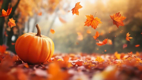 Cinematic close-up pumpkin amid windblown autumn maple leaves
