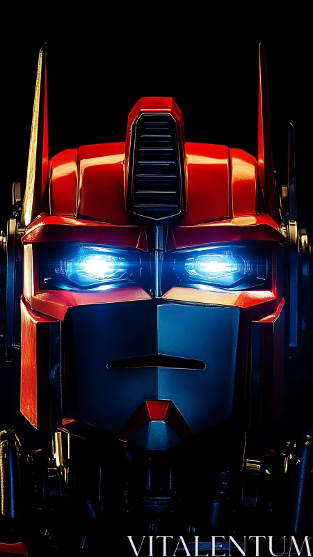 Specular-lit red mech visage with high-intensity optic emitters.