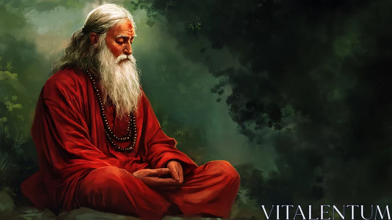 Meditating sage in vermilion robes within forest stillness.