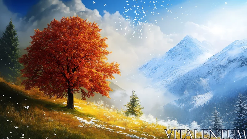 Autumn tree contrasts vivid foliage against luminous alpine snow