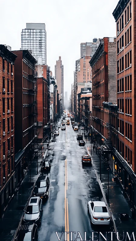Rain-lacquered city canyon quietly swallows the morning rush