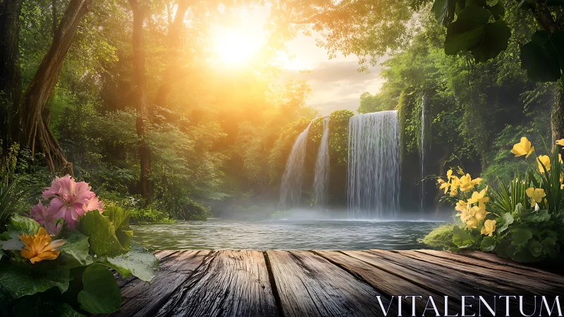 Sunlit jungle waterfall pours into misty forest pool