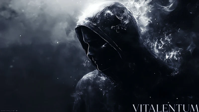 Hooded figure dissolves into swirling smoke and shadowed light