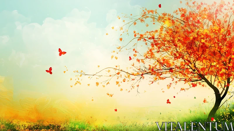 Autumn tree bends in warm breeze while red butterflies drift