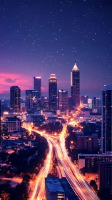 Neon rivers of traffic stitch a violet dream city together