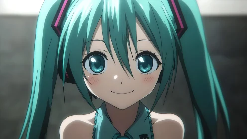 Smiling teal haired anime girl rendered in close frontal view