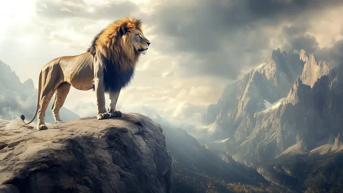 Majestic lion surveys stormlit mountain range in silence