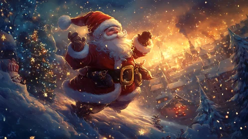 Joyful Santa glides above a glowing, snowlit Christmas town