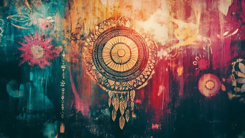 Mandala dreamcatcher motif centered on textured abstract wall