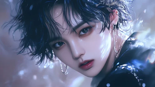 Digital portrait shows stylized person with wet hair and jewelry