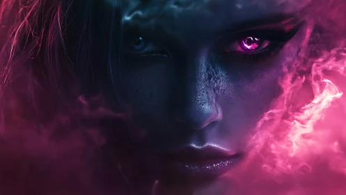 Bioluminescent sorceress face framed in magenta plasma fog.
