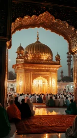Golden-domed shrine at dusk framed by ornate gilded archway