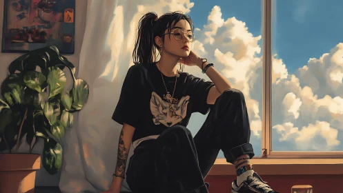 Young woman seated indoors beside large window with clouds.