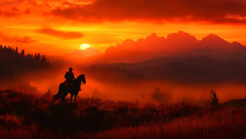 Silhouetted rider on horse overlooks vivid red mountain sunset
