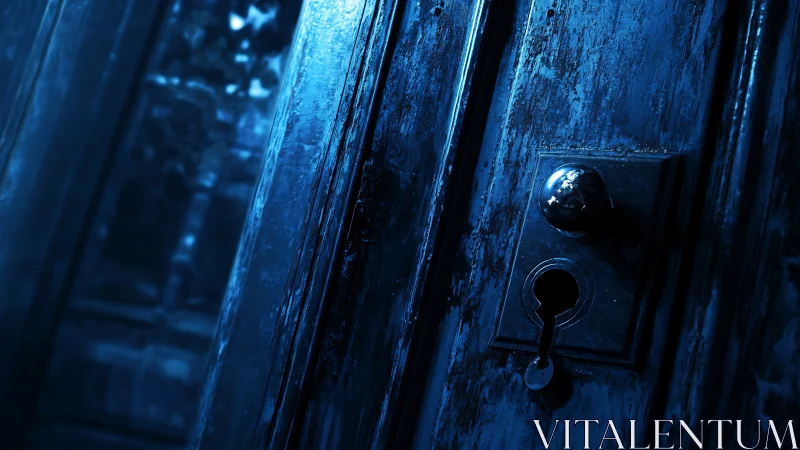 Low-key macro study of weathered blue door lockset in shadow