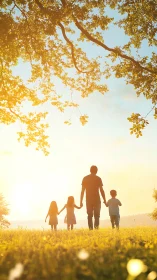 Silhouetted adult and children walking in sunlit field.
