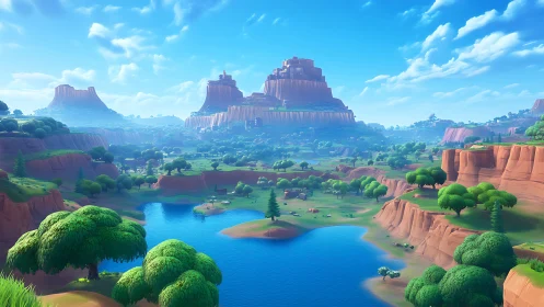 Sunlit mesas guard a lush river valley in playful clarity.