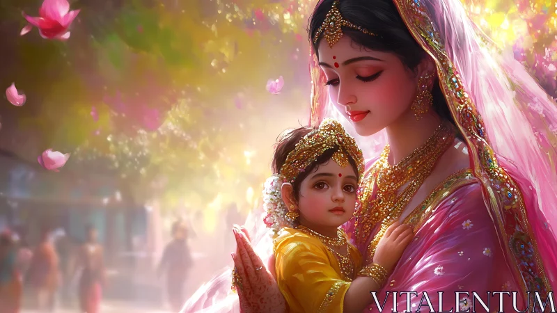 Digital painting of Indian mother and child in festive light.
