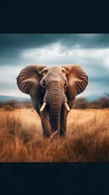 Centralized elephant portrait in dramatic savanna framing.