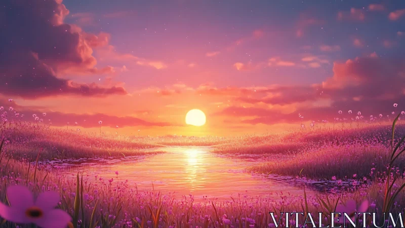 Dreamlike sunset over luminous wildflower lakeside meadow.