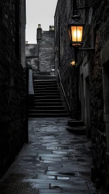 Rain-slick stone alleyway with glowing vintage lanterns.