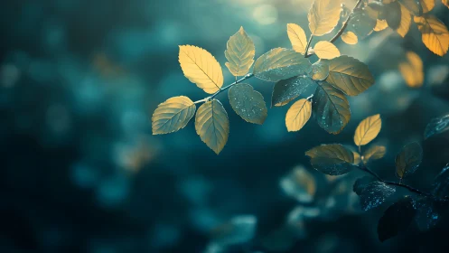 Golden leaves with dew in soft teal forest light.
