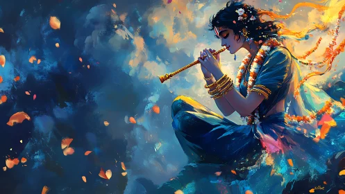 Digital painting of serene flute player in vivid motion blur.