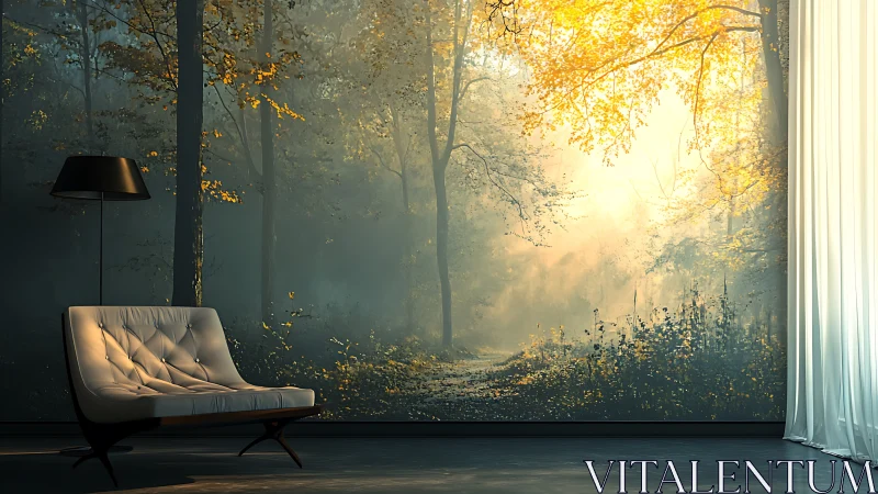 Modernist Chair Before Autumn Forest Mural