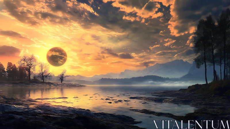 Digital landscape shows lake, silhouetted trees and eclipsed sun