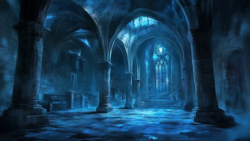 Interior shows vaulted stone hall with blue atmospheric lighting
