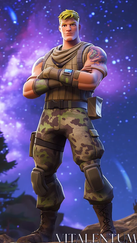 Armored space soldier stands confident against nebula sky.