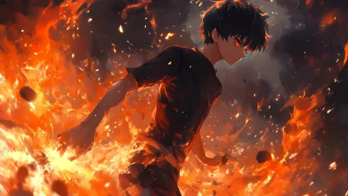 Dark haired youth amid intensive surrounding flames.