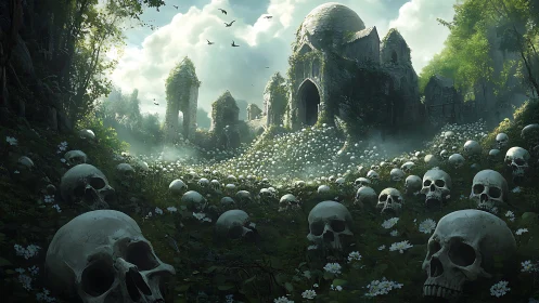 Skull-strewn valley before decayed gothic stone temple.