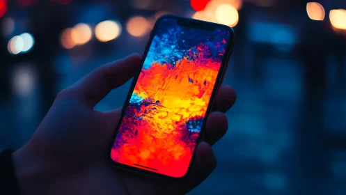 Smartphone with vivid abstract screen in city at night.
