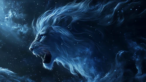 Celestial blue lion roars through swirling cosmic night sky.