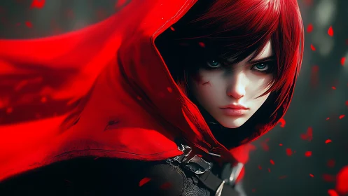 Red-hooded warrior stares forward with intense resolve