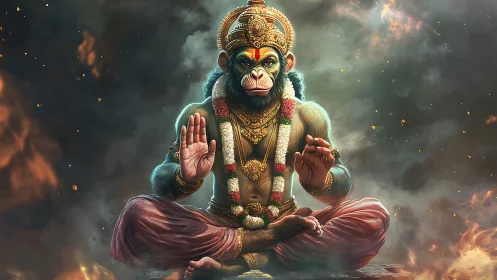 Divine simian guardian in flaming cosmic meditation pose.