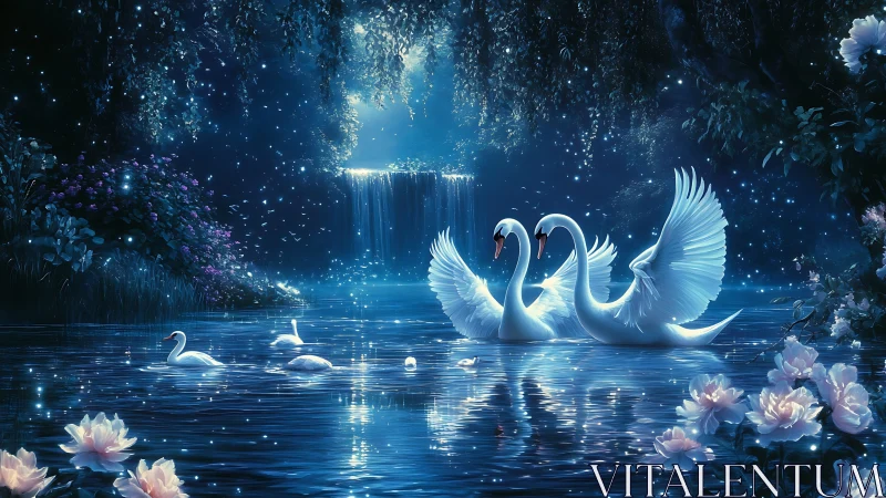 Moonlit swans glide beneath luminous enchanted waterfall.
