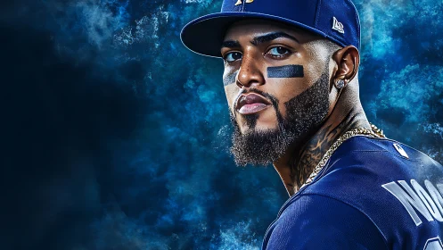 Baseball player portrait set against intense blue abstract haze