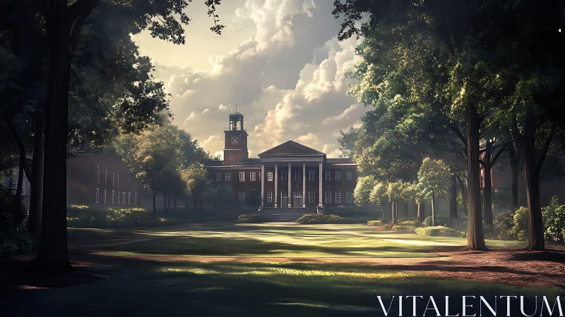 Brick academic hall framed by trees and clouded sky.
