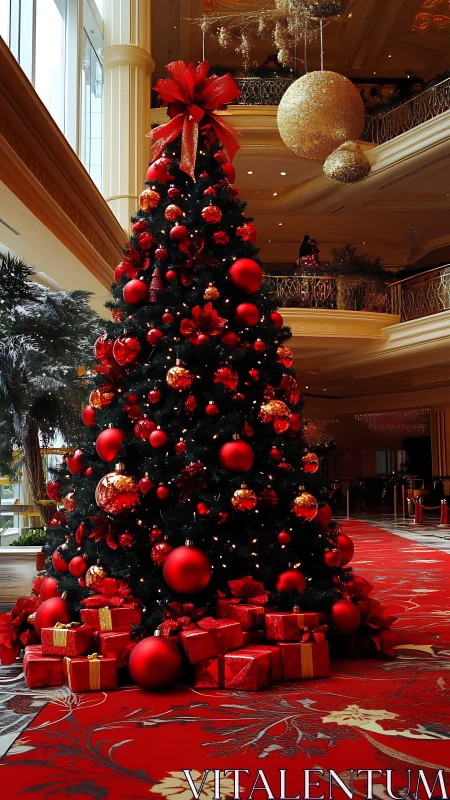 Grand lobby Christmas tree with red ornaments and gifts
