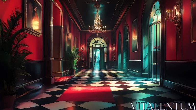 Velvet-walled grand corridor with glowing doorway perspective.