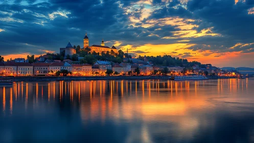 Riverside European hilltown skyline under vivid blue hour sky