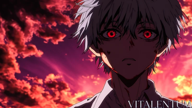White-haired anime boy with red eyes stands in burning sky